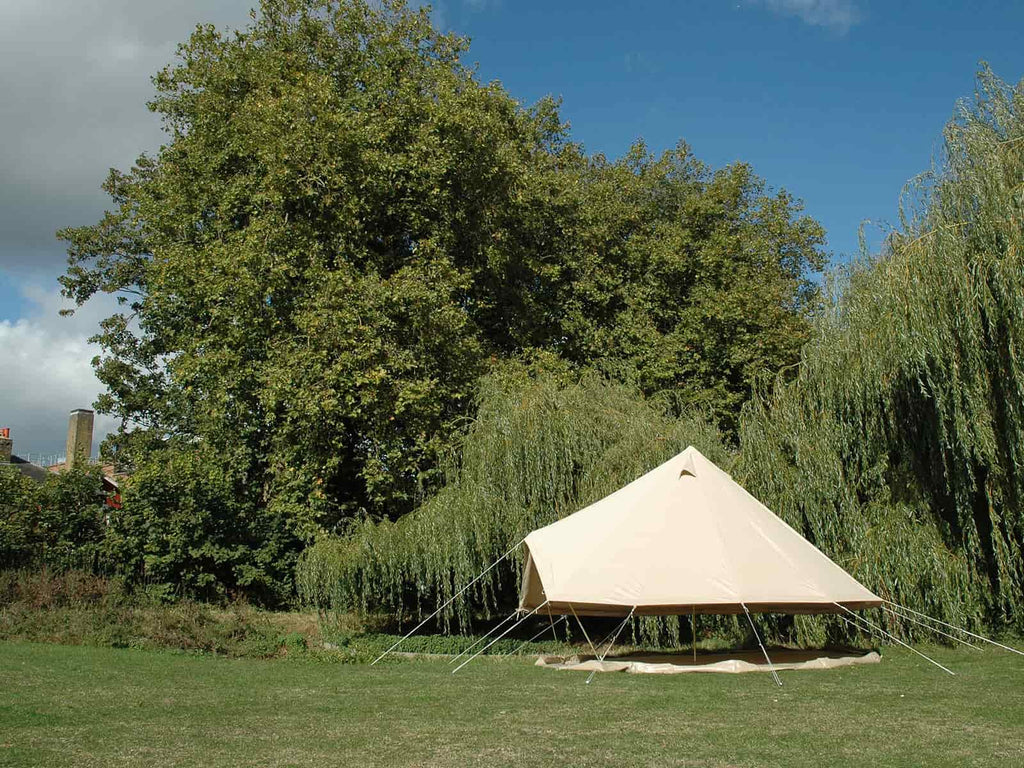 Side view of 4m ultimate bell tent with walls rolled up
