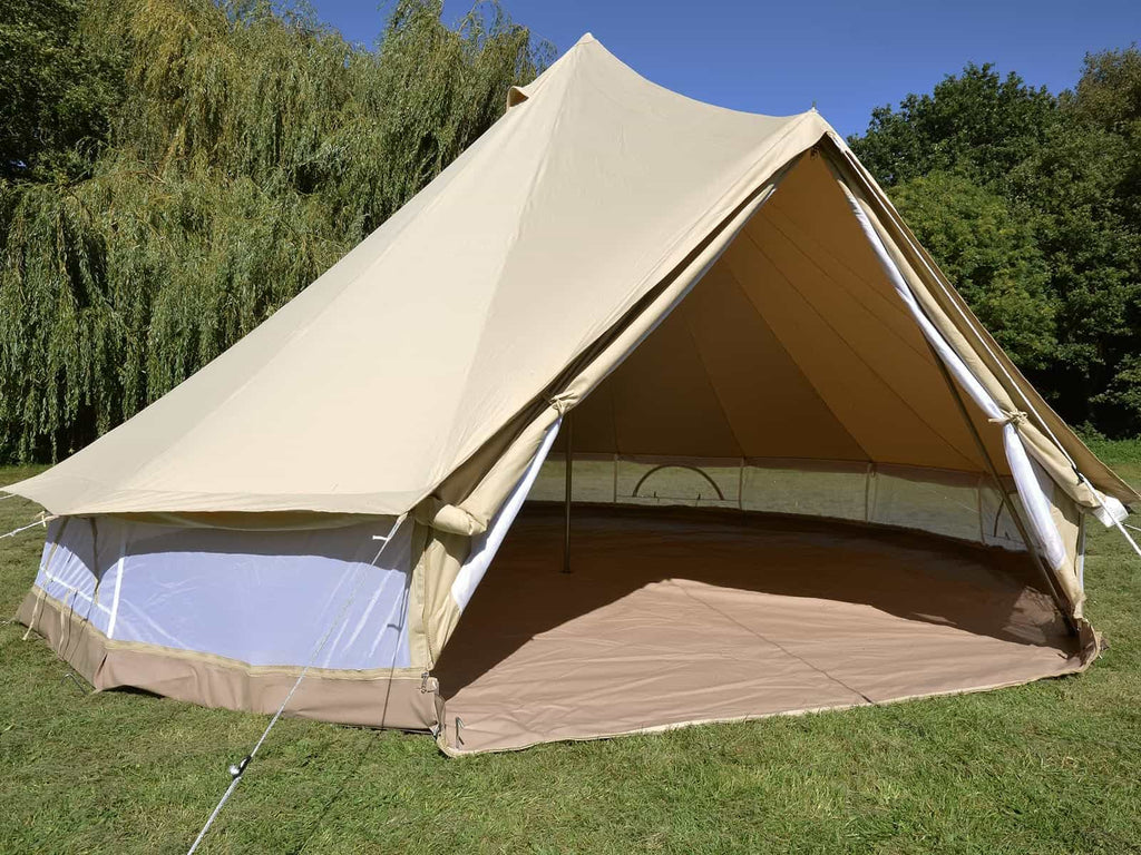 5m ultimate pro mesh bell tent with canvas walls rolled up and door open
