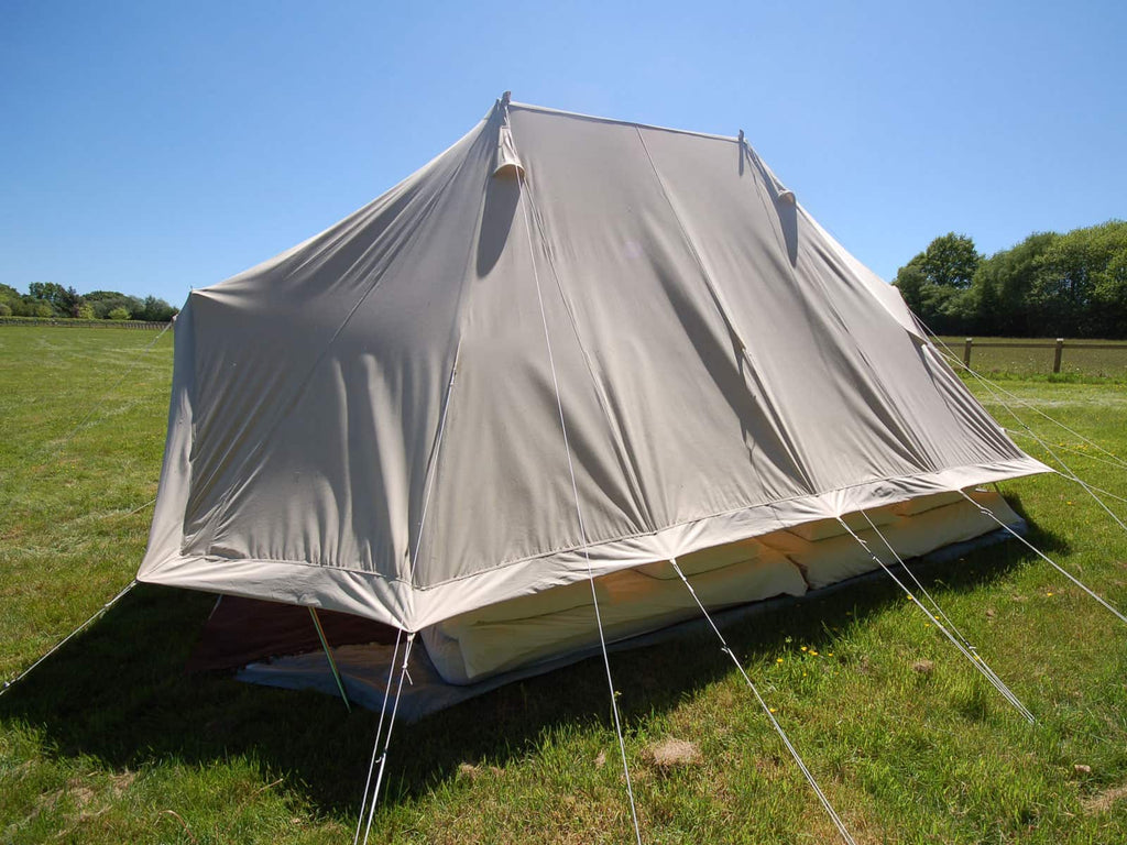 Back view of emperor bell tent with walls rolled up