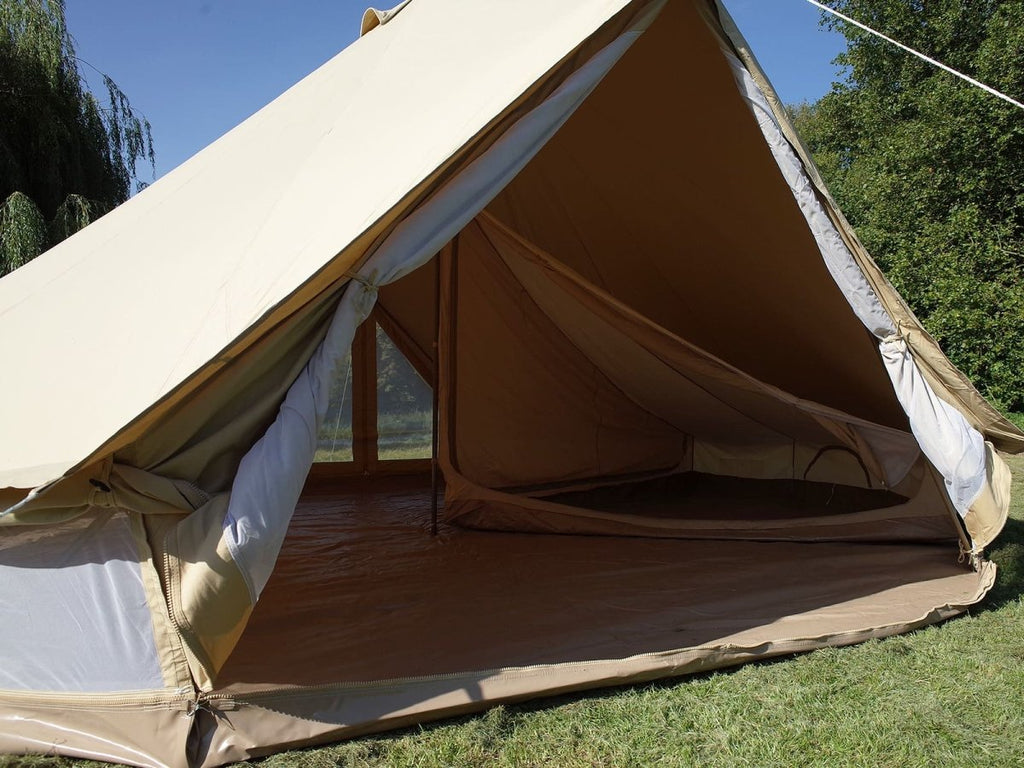 View through door of 6 metre ultimate pro mesh twin door bell tent with quarter inner tent
