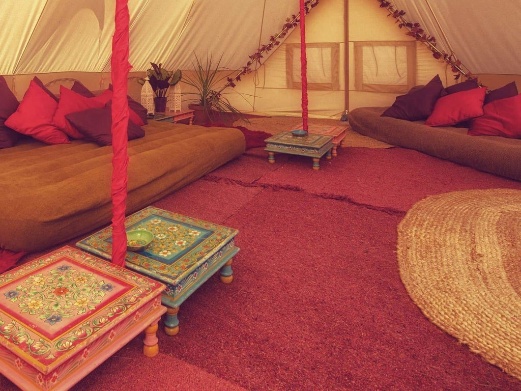 Emperor bell tent with burgundy eco natural hand loomed rugs