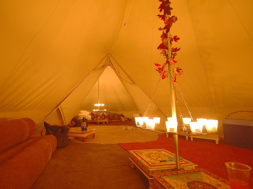 Emperor tent and bell tent with clear glass tea light chandeliers
