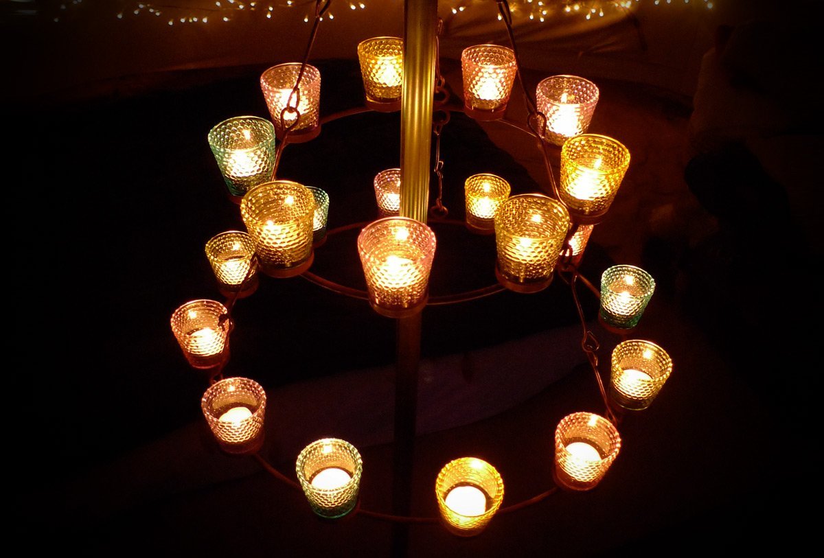 Double tier multi coloured glass tea light chandelier
