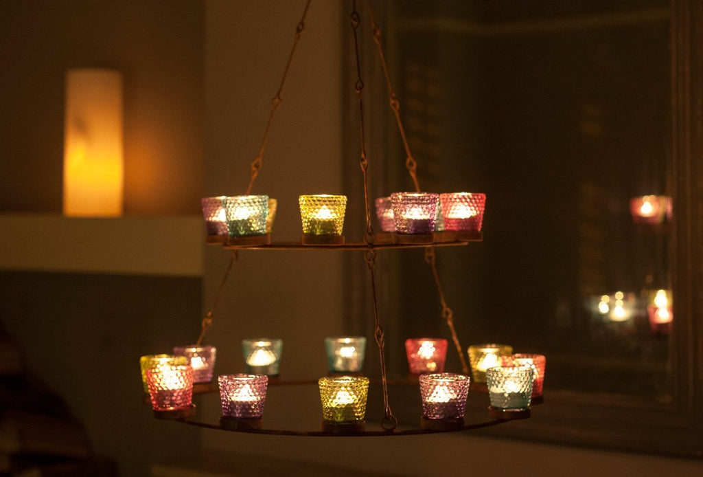 2 tier multi coloured glass tea light chandelier