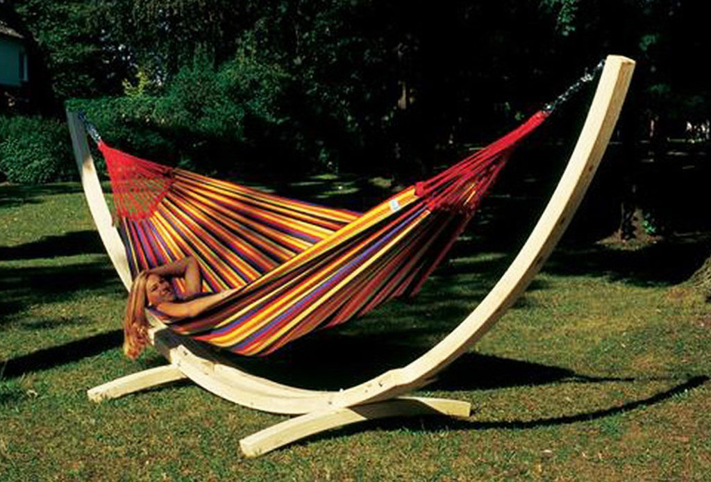 Extra large Brazilian hammock in Terracotta colour on stand (not supplied).