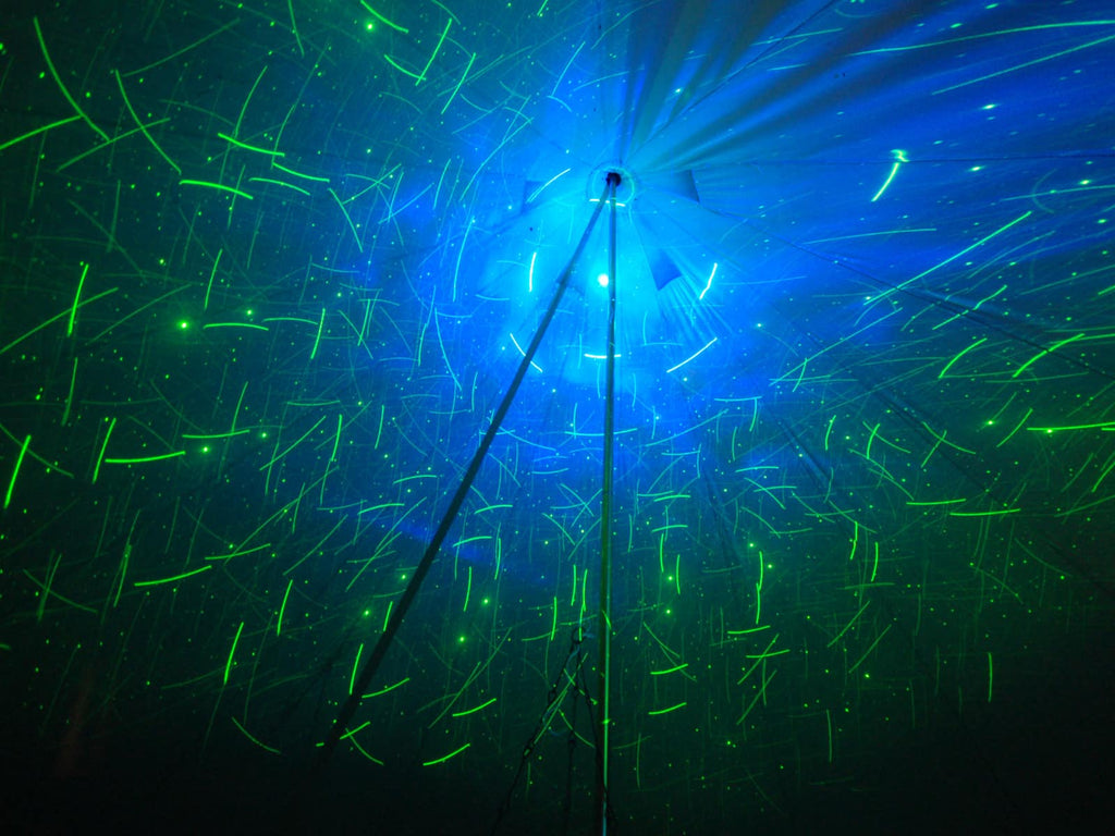 Light display inside a bell tent with laser projector 