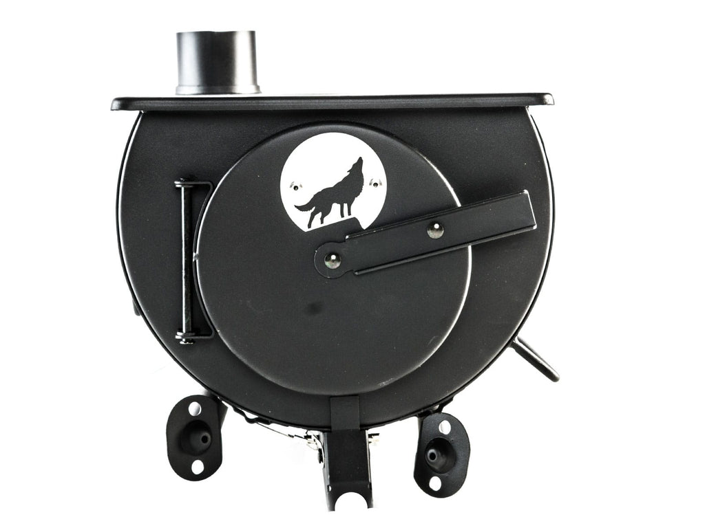 Portable frontier stove with legs folded away for transportation