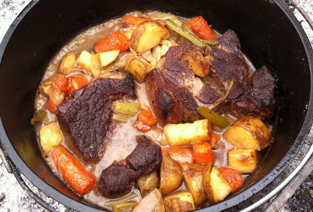 Pot of stew in a 7 quart cst iron stove pot