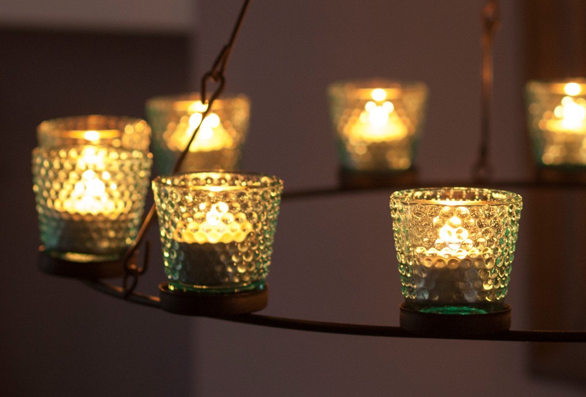 Blue glass tea light chandelier