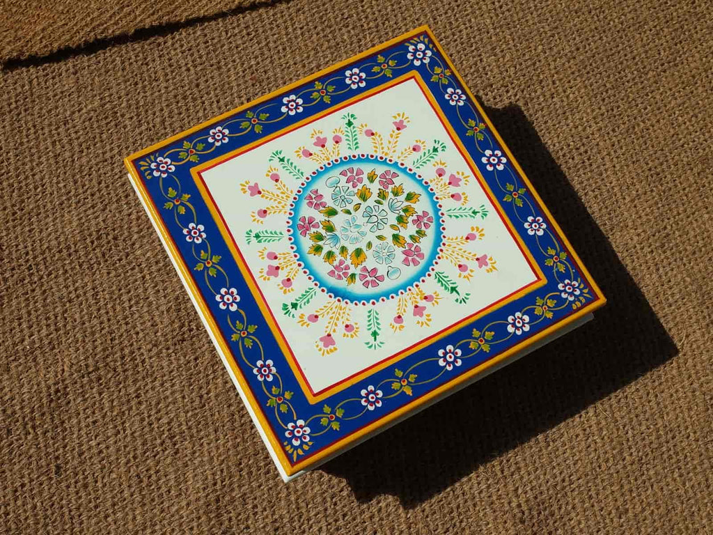 Blue & Yellow hand-painted low-level Indian table - Square