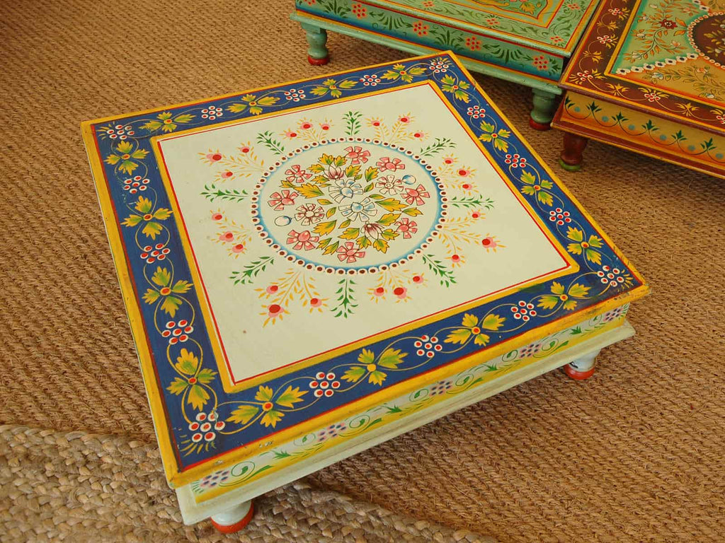 Blue, yellow & cream square hand painted Indian table