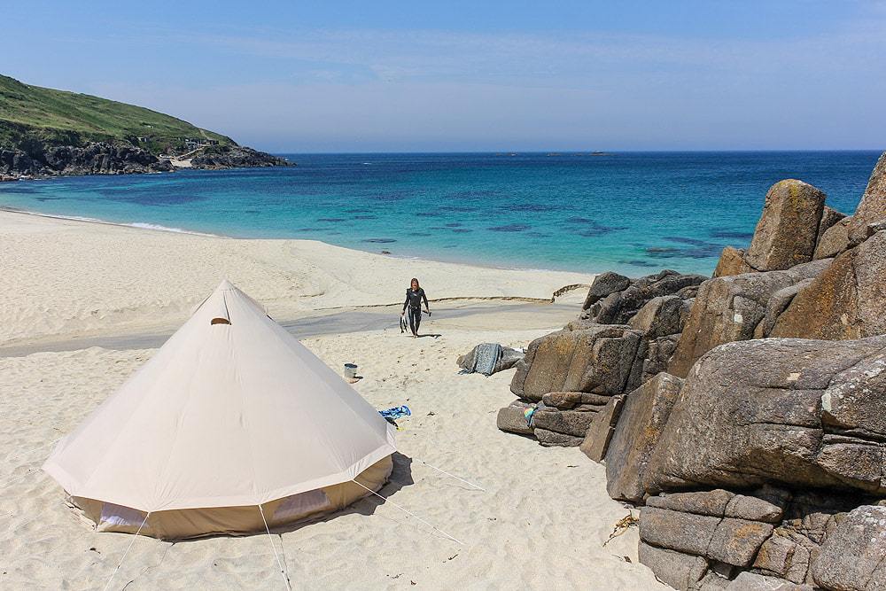 Jayce Robinson and his Bell Tent on Portherris beach