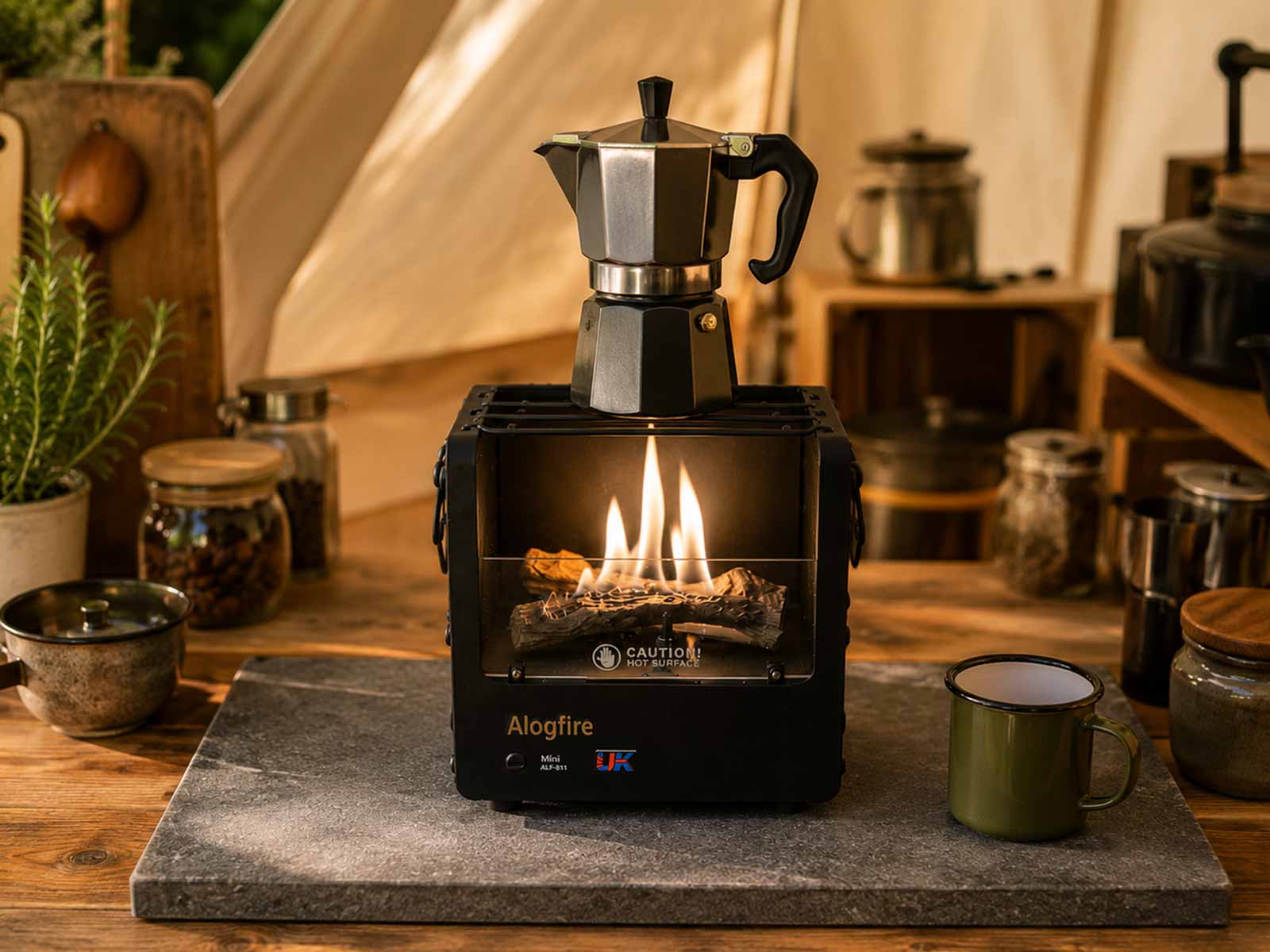 Portable camping stove with a coffee maker on top, surrounded by camping gear and decor.