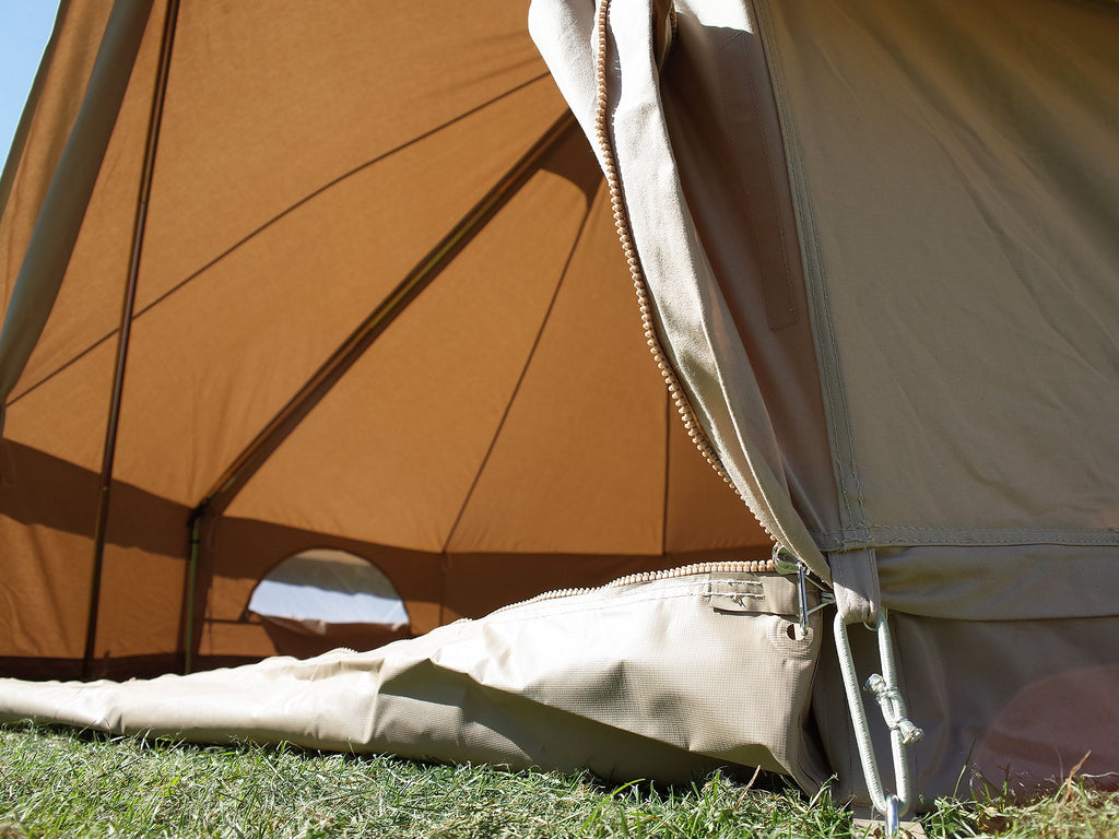 Our 3m ultimate bell tent features a zip-in bath tub ground sheet