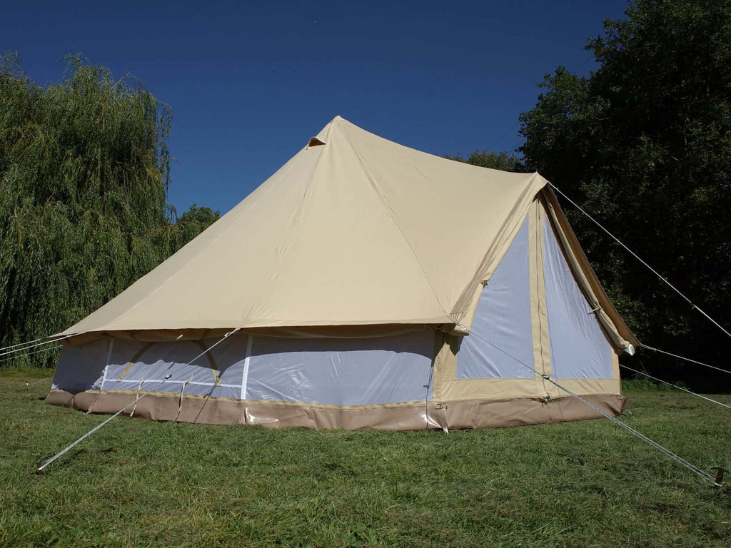 Side view of a 4.5m ultimate pro mesh bell tent with canvas walls and doors open