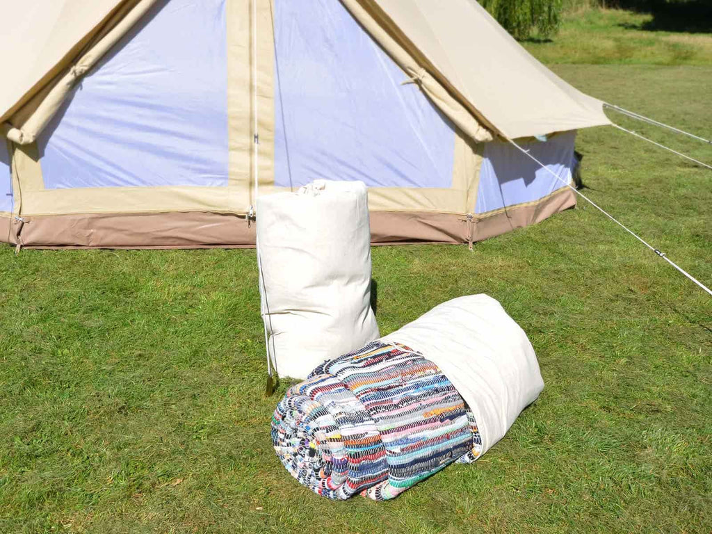 Recycled circular chindi flooring for 4.5m bell tent