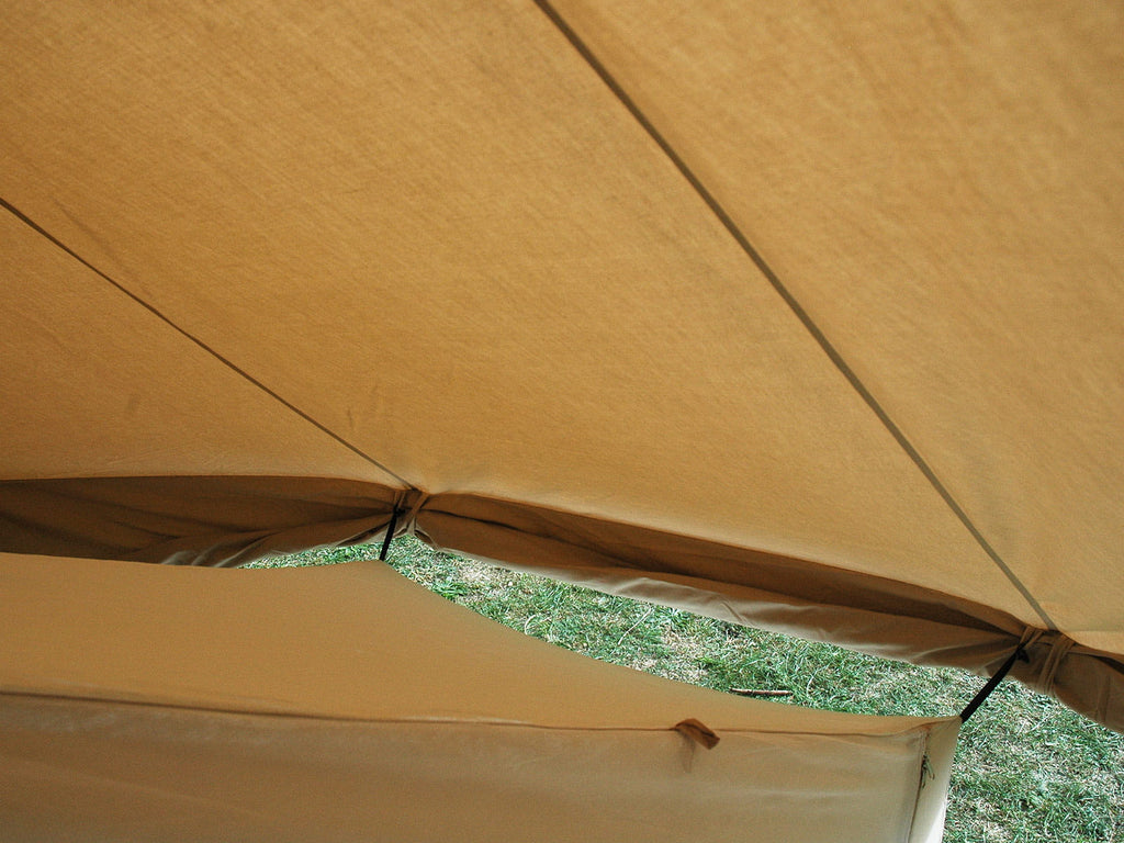 Inner tent wall attachments inside a 4.5m ultimate bell tent with walls rolled up