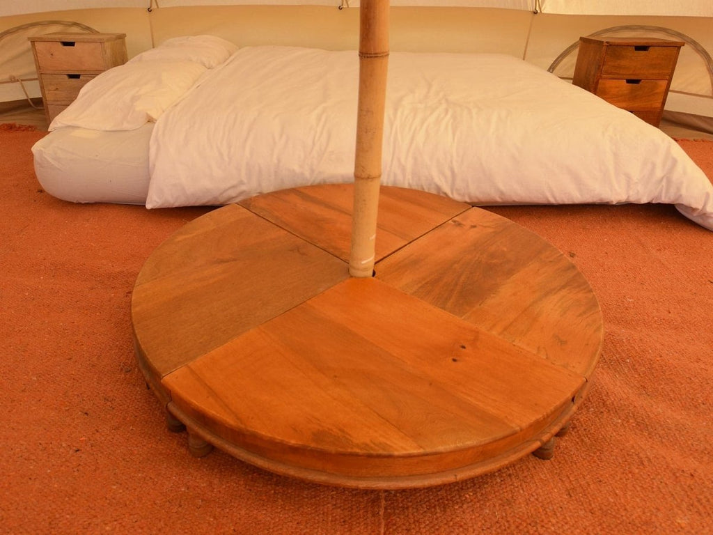 4 piece round table positioned around bell tent centre pole - Varnished