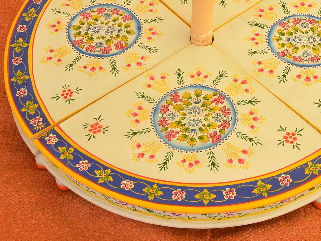 Round table comes in four segments and fits around a bell tent centre pole - Blue & yellow