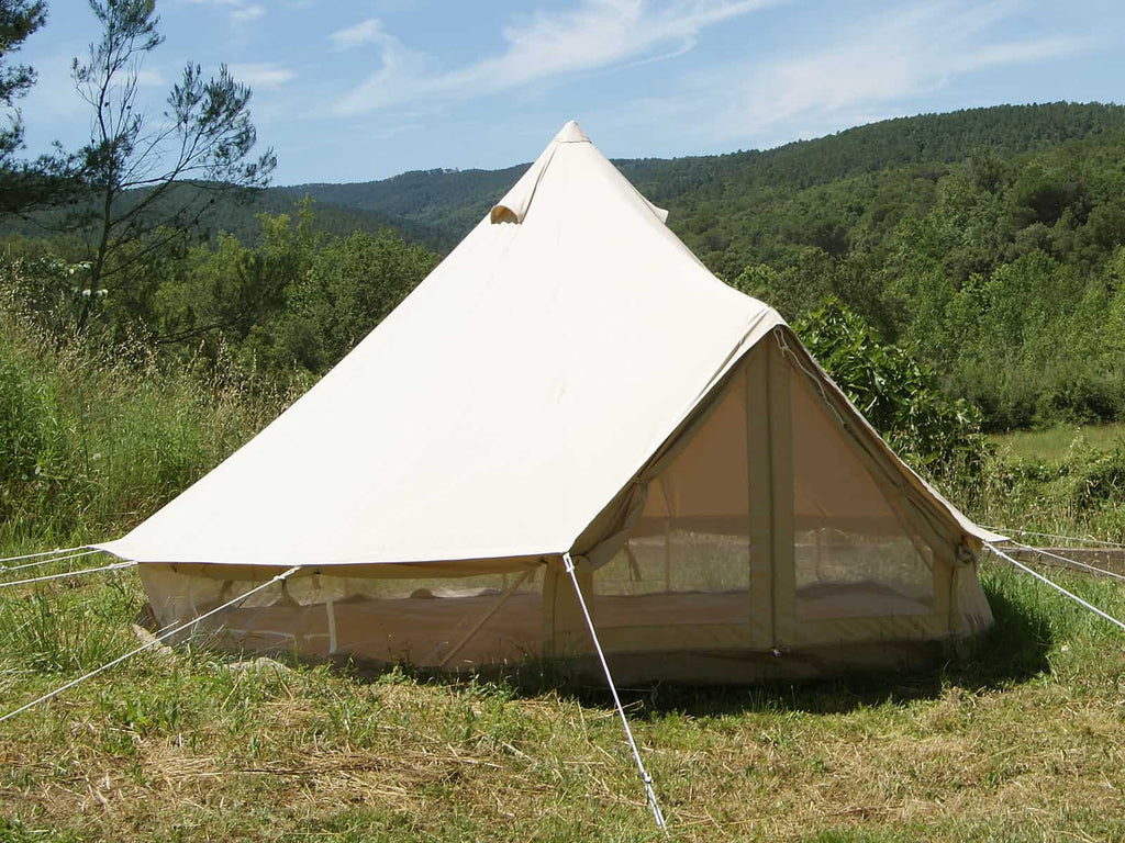 4m ultimate pro mesh bell tent with canvas walls rolled up and mesh walls zipped in