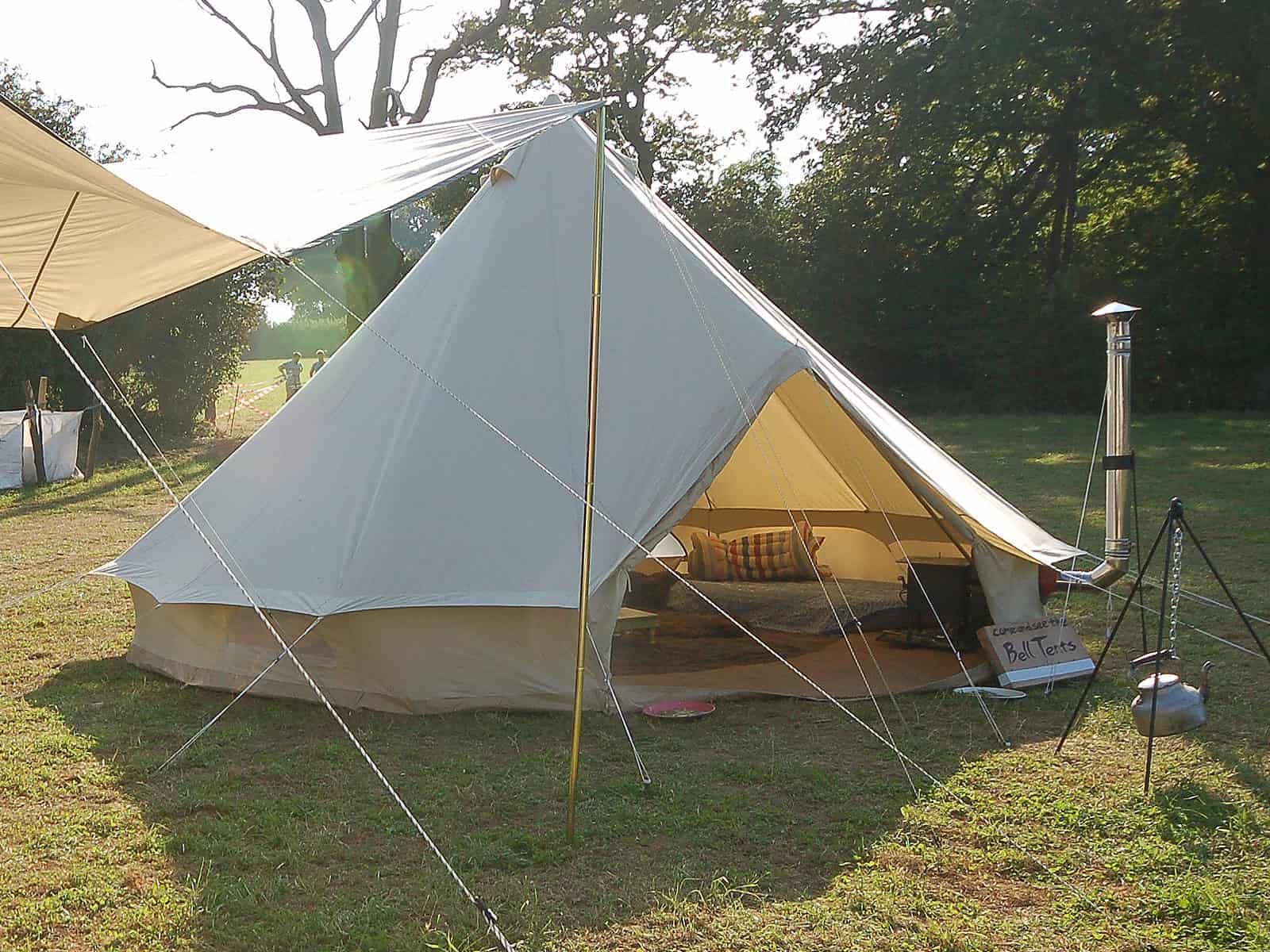 Featured 5m deluxe bell tent with optional stove & malu awning