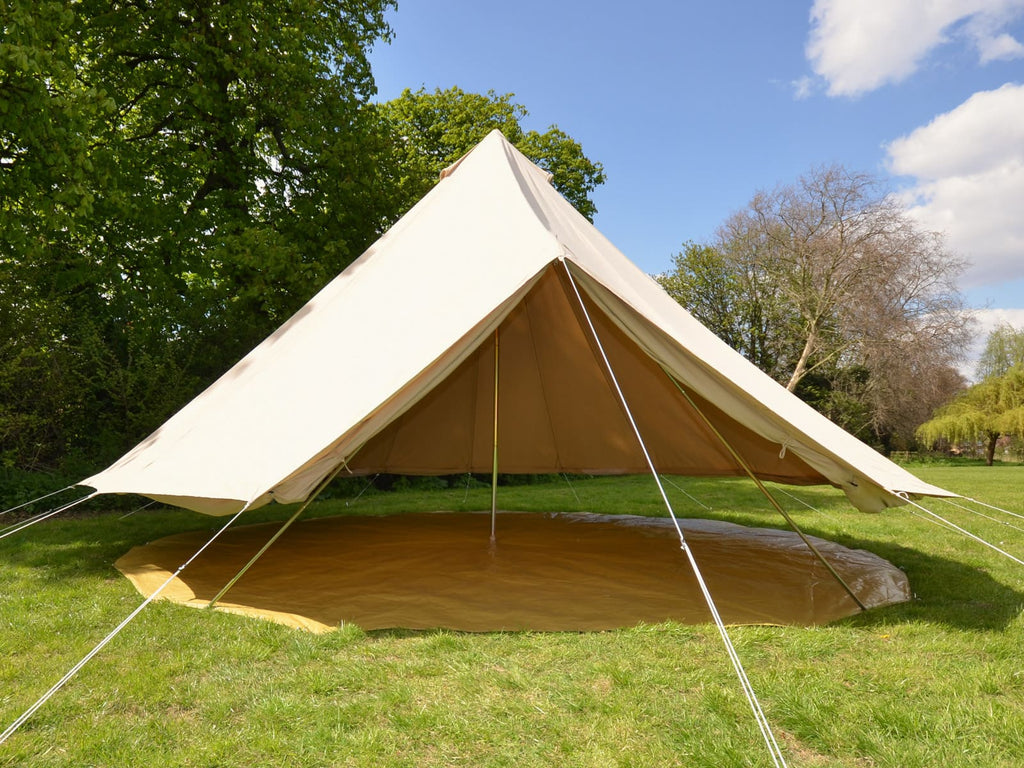 6m standard bell tent with walls rolled up and pegged down groundsheet