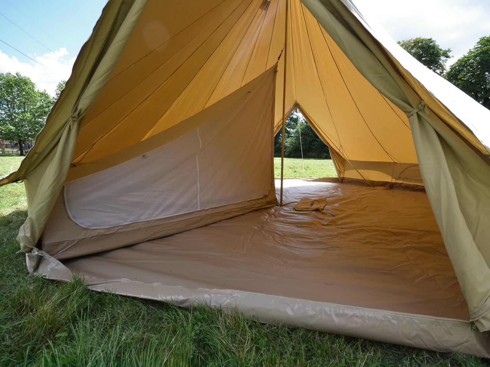 View through the door of a 6m twin door bell tent with inner tent