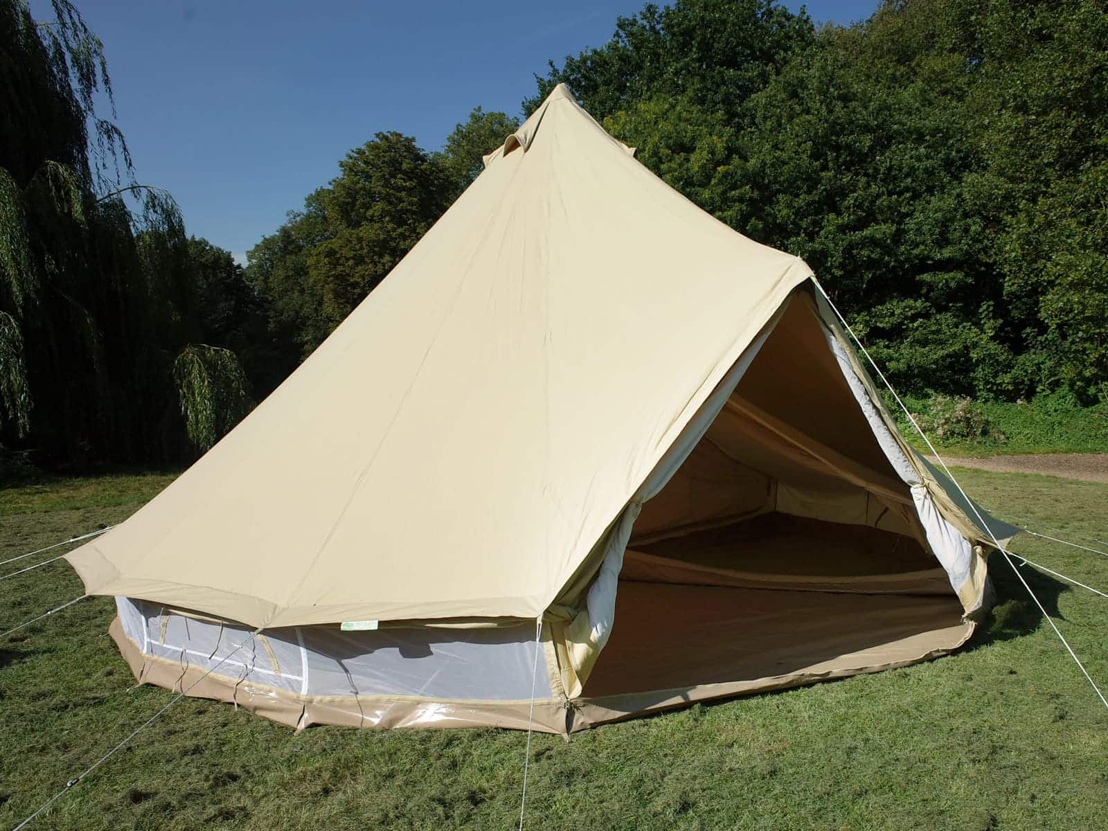 Heavy weight canvas 6m twin door bell tent with mesh walls and the door open
