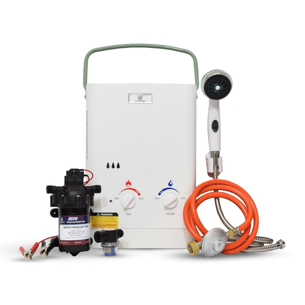 Eccotemp CEL5 Portable Outdoor Tankless Water Heater with 12V Pump, Strainer & Shower Set, 37 mbar
