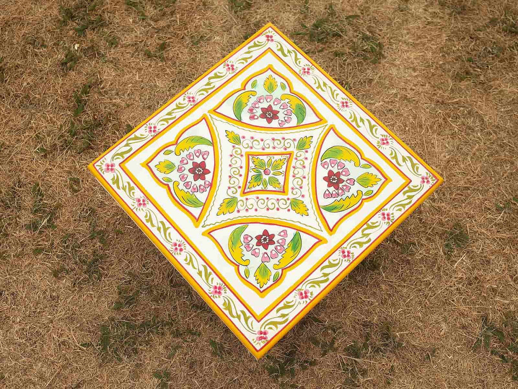 Indian hand painted square camping table - Aqua