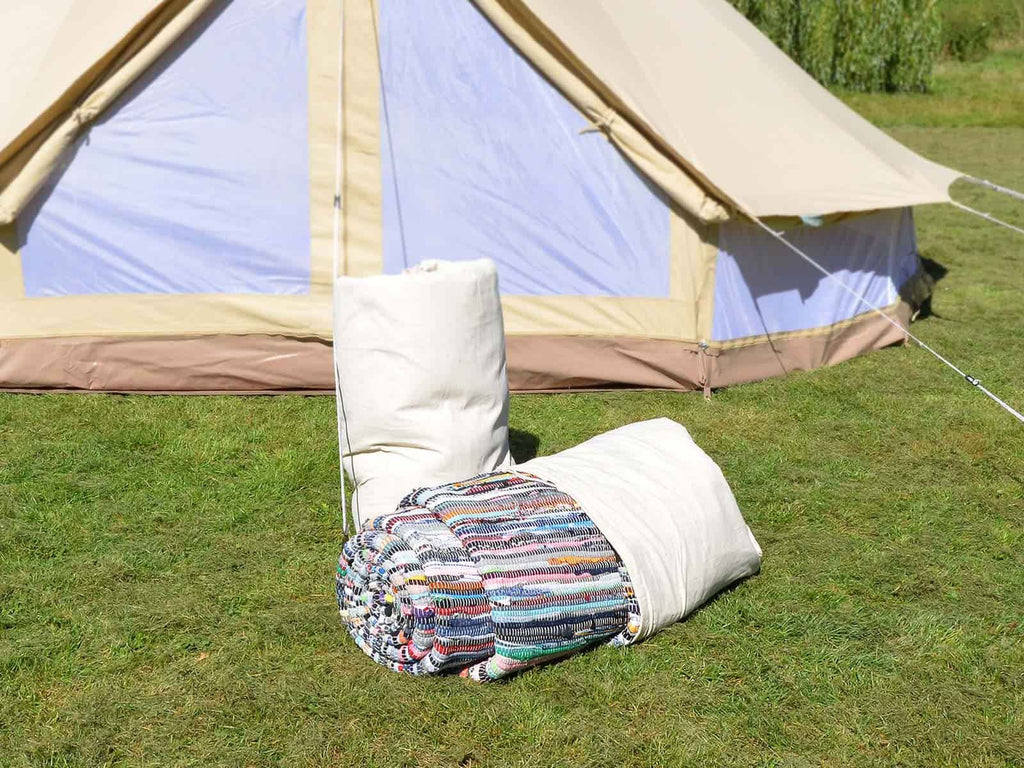 Circular bell tent flooring chindi rugs in canvas bags