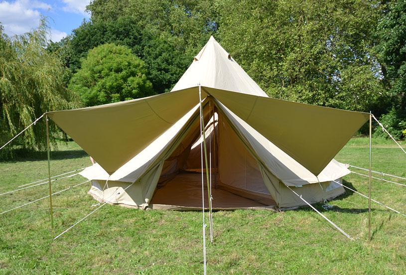 bell tent with door open and pro porch and connector awning