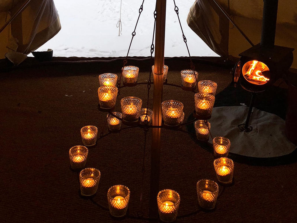 Bell tent with stove and double tea light chandelier 
