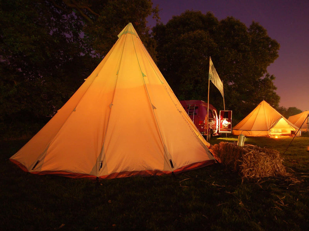 4 metre ultimate single pole tipi with lights at night
