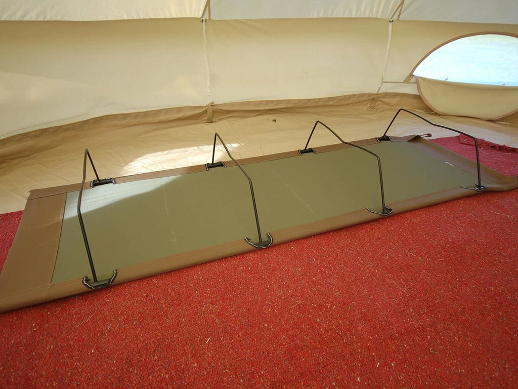 Underside of a collapsible camp bed