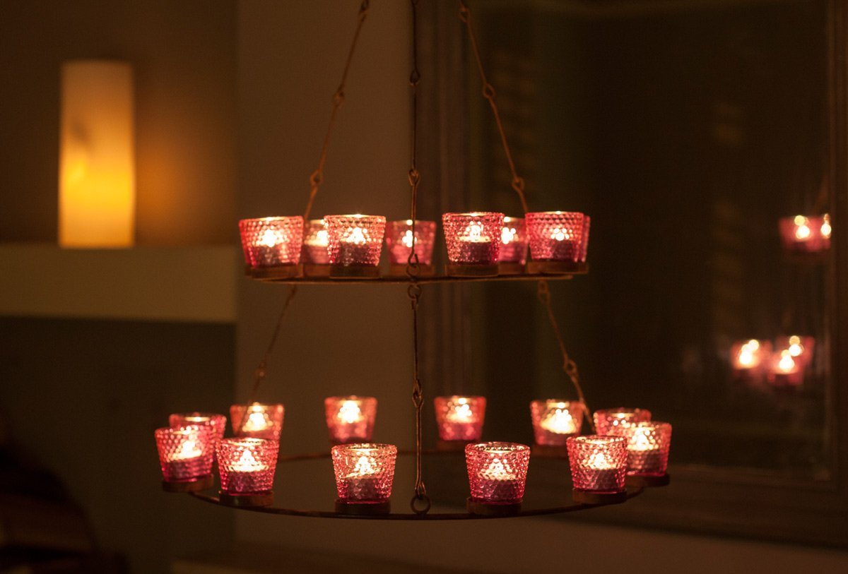 Double tier pink glass tea light chandlelier