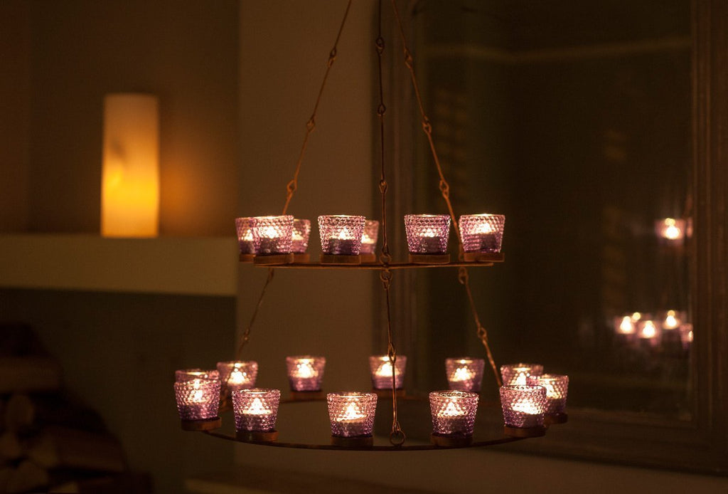 Double tier purple glass tea light chandelier