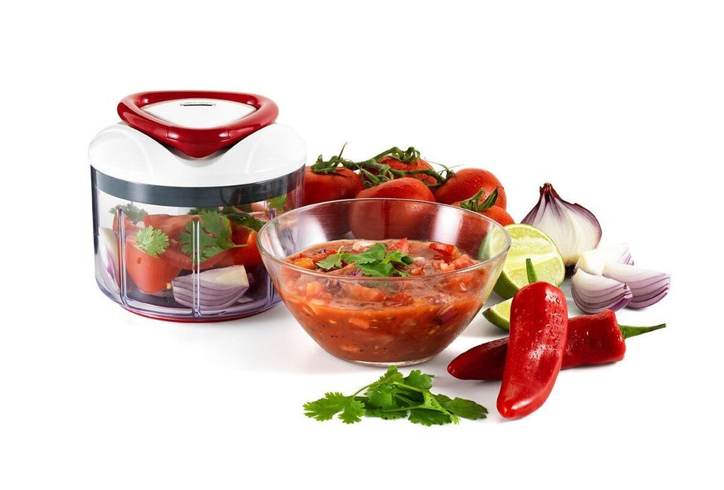 Easy pull food processor vegtables and bowl of tomatoe sauce