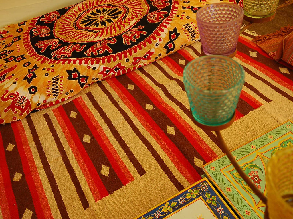 Bell tent flooring eco natural handloomed rug moroccan pattern