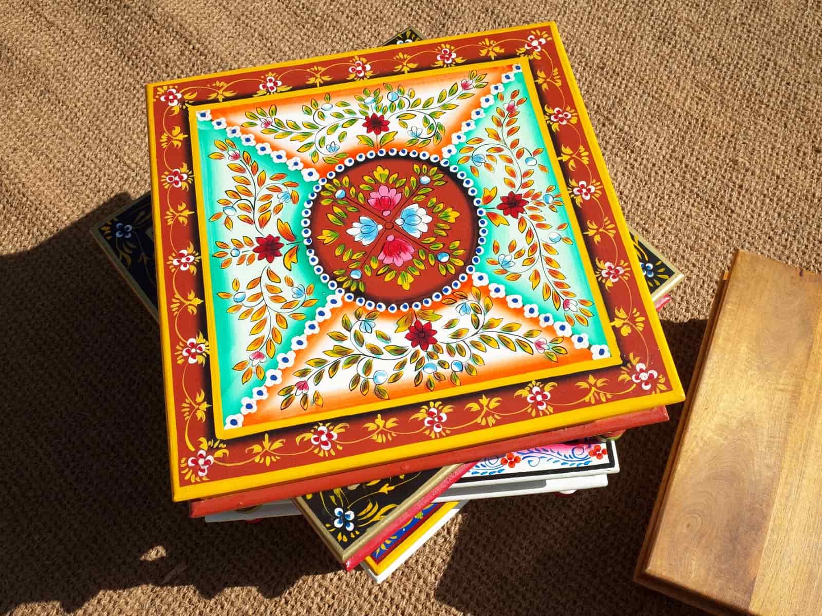 Square hand painted table for glamping - Ochre
