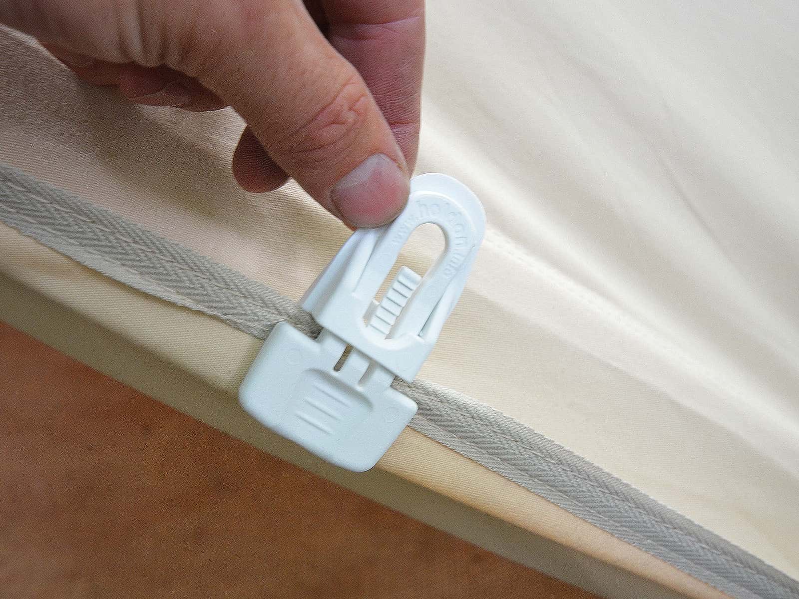 Back of magic clip attached to bell tent canvas