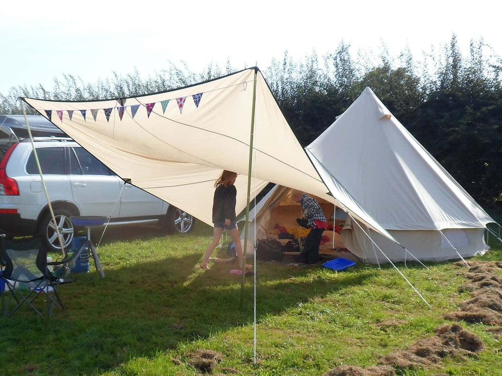 Family camp set up with a cotton canvas malu awning and bell tent 