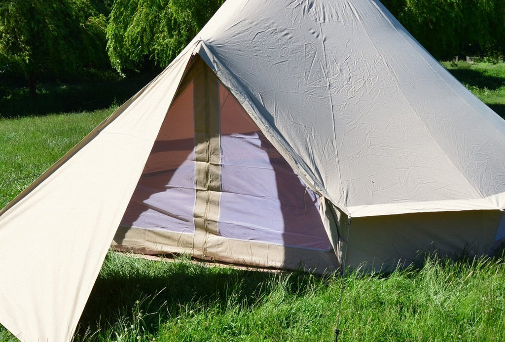 Triangle cotton canvas awning and 5 metre bell tent with mesh door