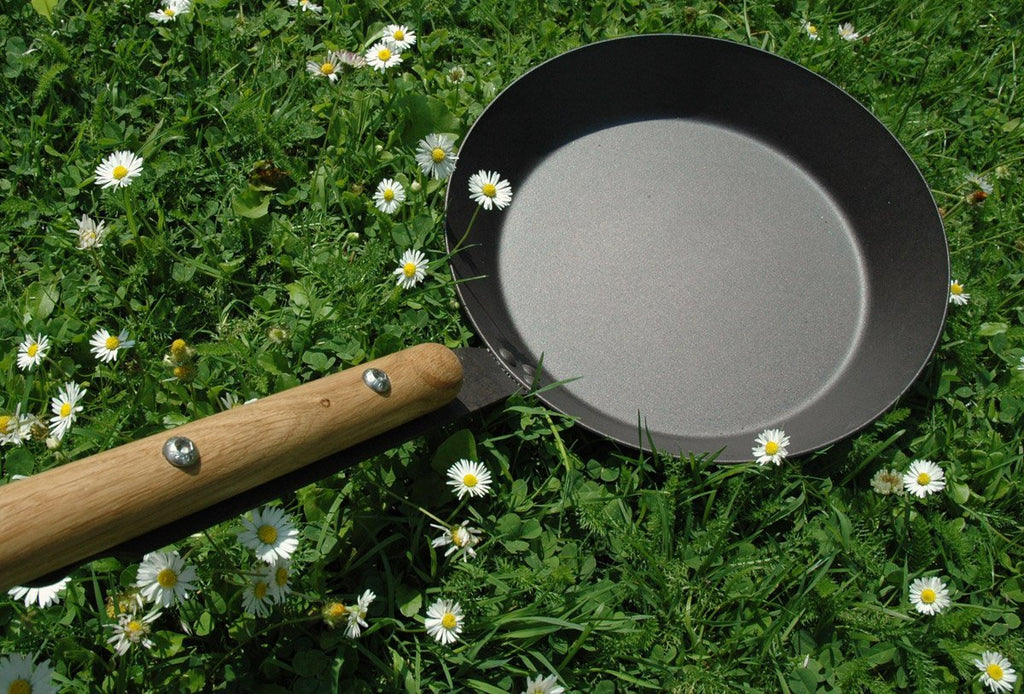 Shropshire made long handle spun iron campfire pan