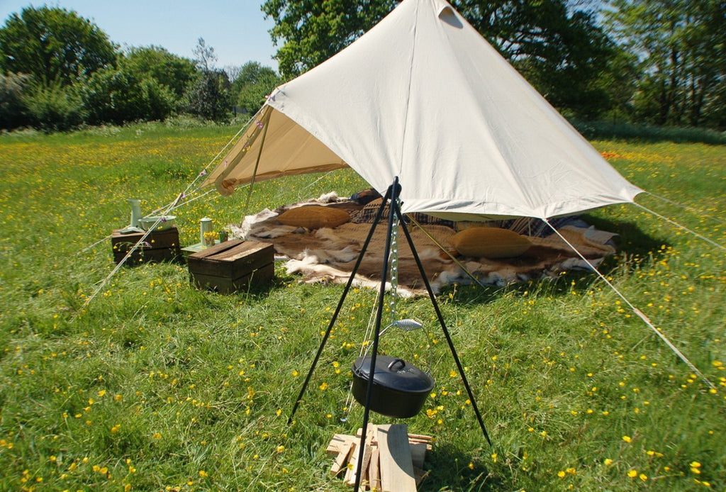 Bell tent and premium cast iron cooking tripod