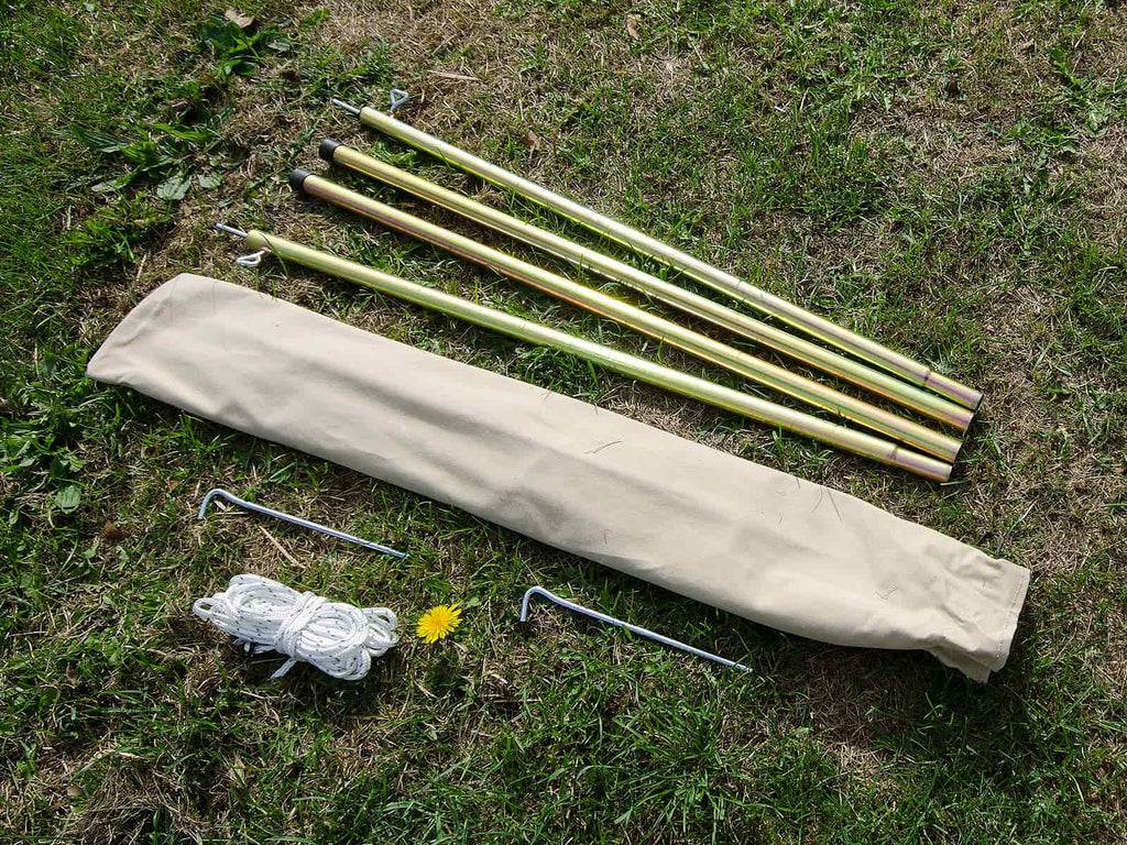 2x pro awning poles, 2x pegs, 2x guy ropes and canvas bag