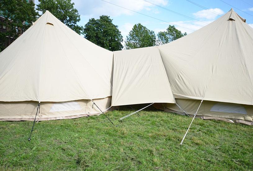 Pro porch and connector awning connecting two bell tents together