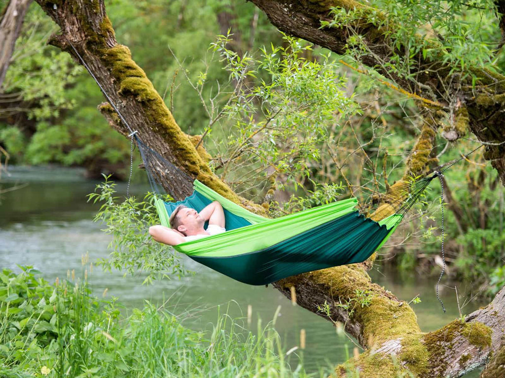 Man in a parachute hammock in a tree next to a river 