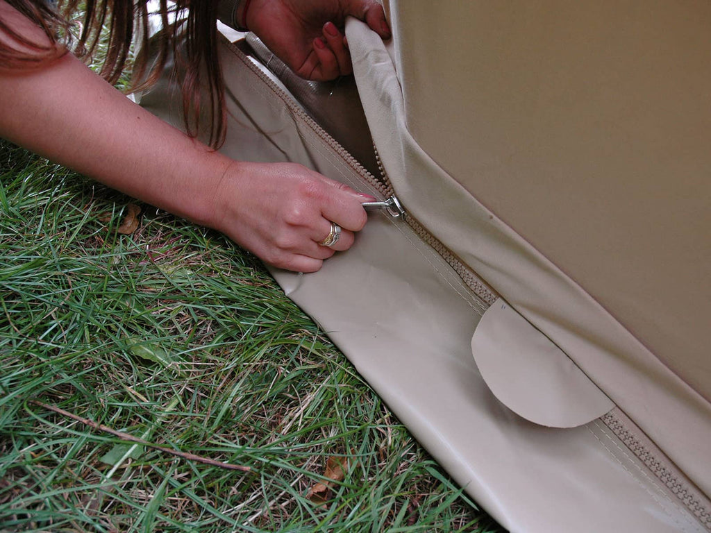Ground sheet zips at rear of a 4m ultimate bell tent