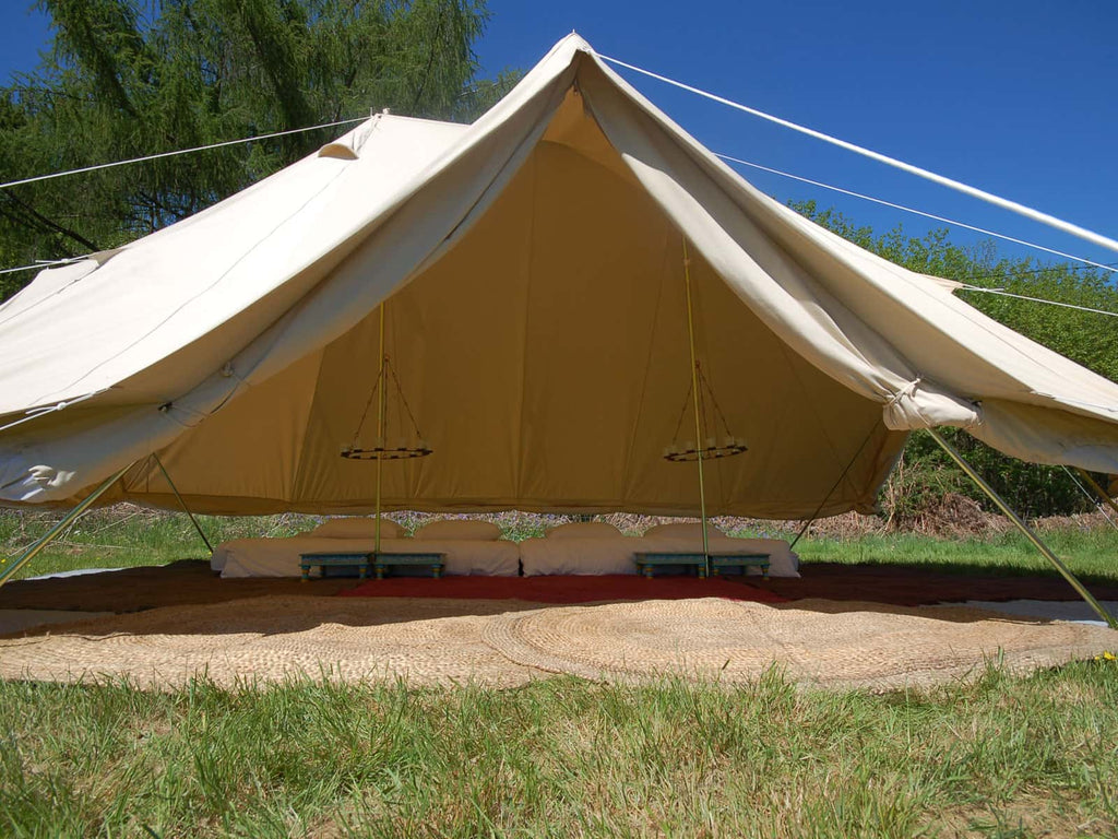 Front view of emperor bell tent with walls rolled up